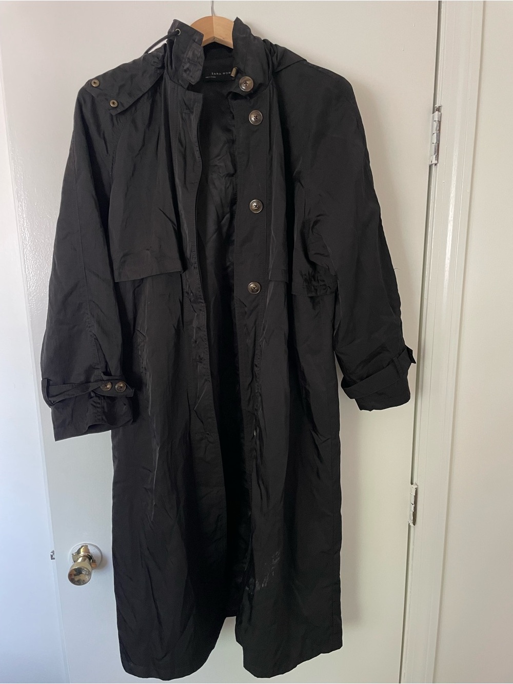 Zara Long Black Button-Front Trench Coat